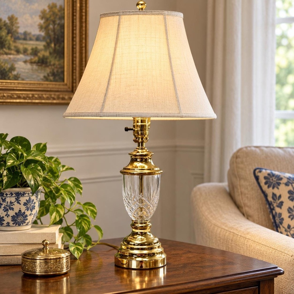 Brass tone Cut Glass Table Lamp Hollywood Regency Crystal shade not included